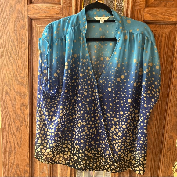 CAbi Tops - CAbi Blue & Gold Ombre Faux Wrap Sheer Sleeveless Blouse Size Large Style # 344
